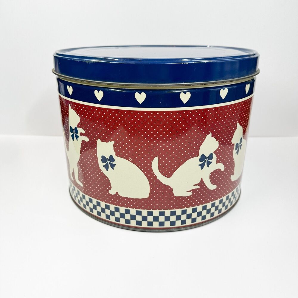 Vintage Metal Tin Cat Canister Hearts Cottagecore Country